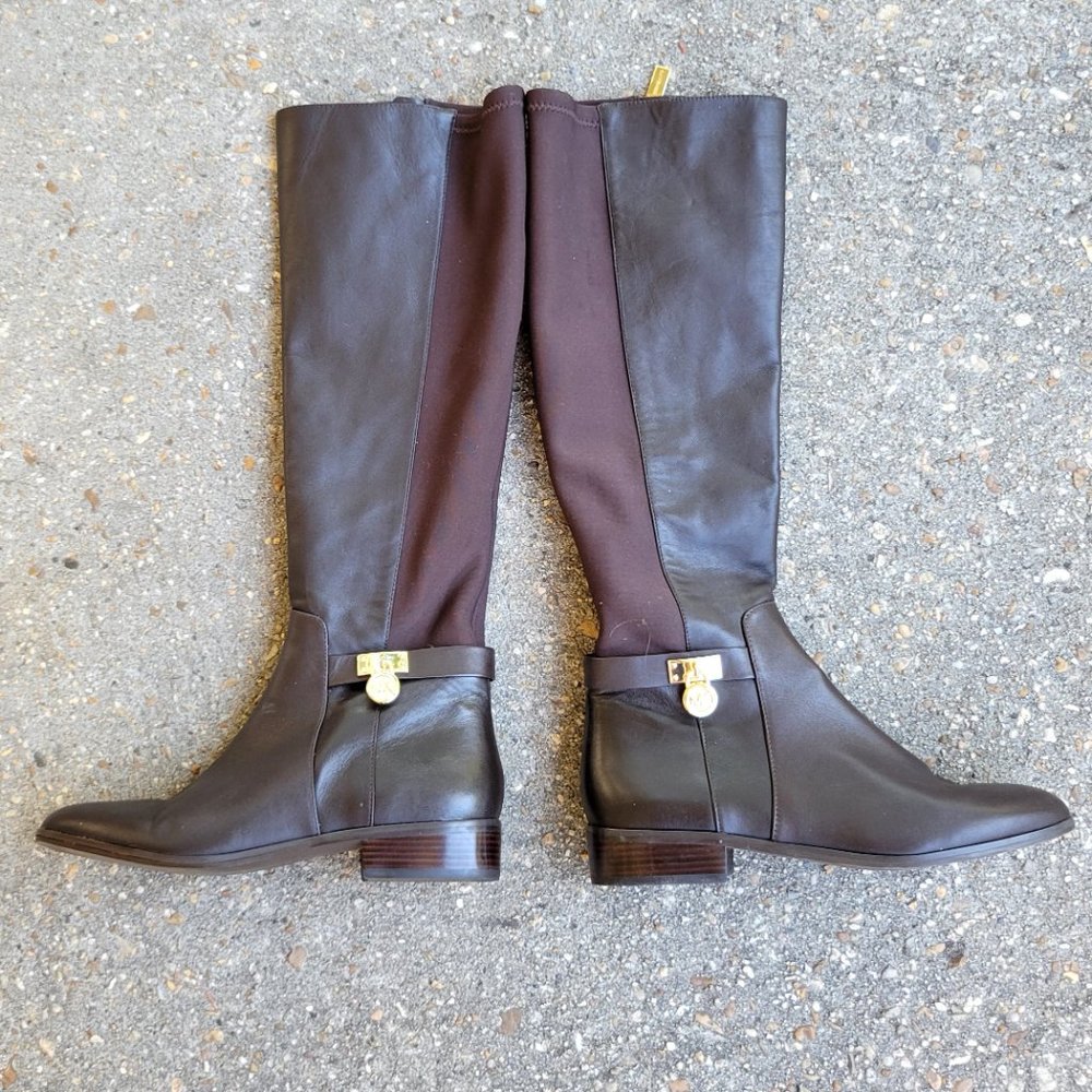 MICHAEL KORS Hamilton Tall Womens Brown Leather Boots 7 gold tone charm